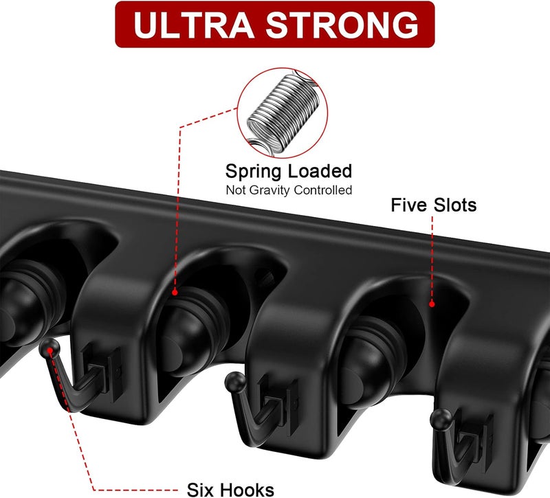 LETMY Broom Holder Wall Mount - Mop and Broom Hanger Holder - Garage Storage Rack & Garden Tool Organizer - 5 Position 6 Hooks Broom Rack for Home, kitchen, Garden, Tools, Garage Organization - Black - Image 5